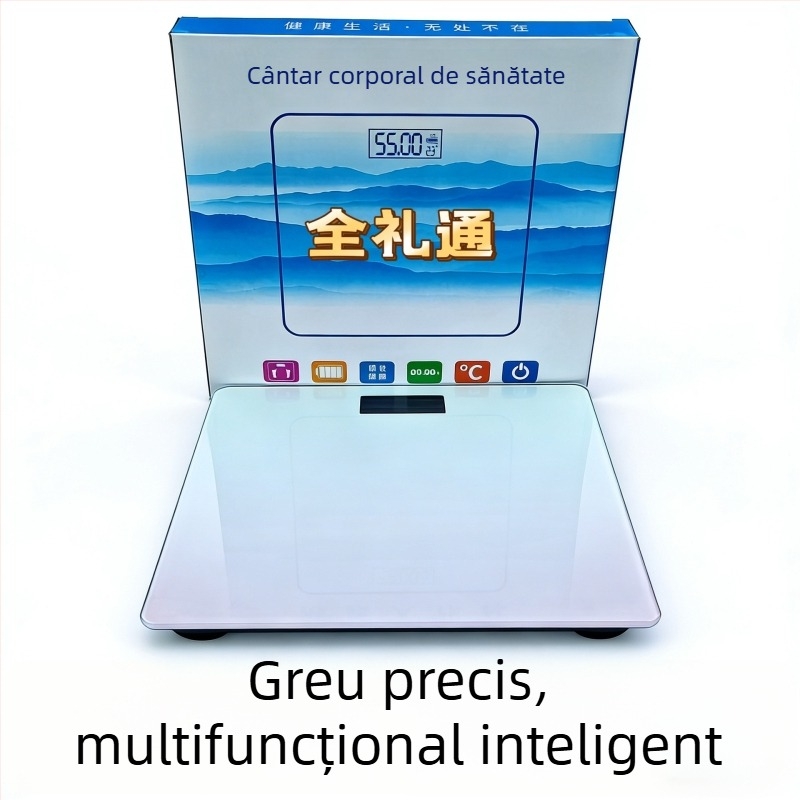 Cântar de greutate corporal cu platformă din sticlă, capacitate 180 kg, ecran de 2 inch, operare prin atingere și buton, rază wireless până la 5 m