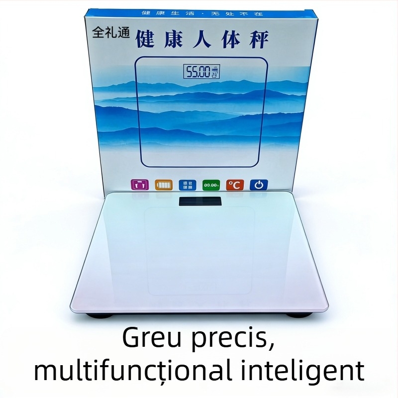 Cântar de greutate corporal cu platformă din sticlă, capacitate 180 kg, ecran de 2 inch, operare prin atingere și buton, rază wireless până la 5 m