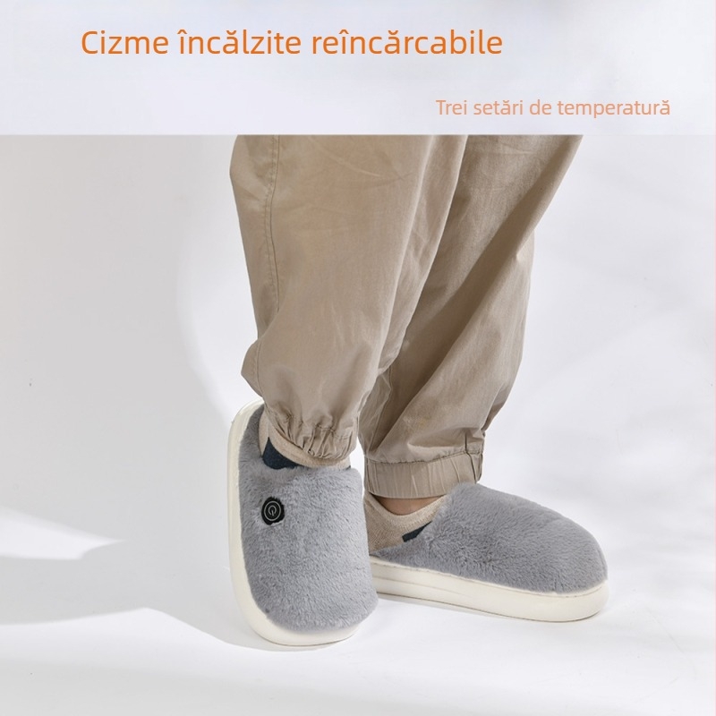 Papuci de casă unisex cu încălzire reîncărcabilă, USB, partea superioară din catifea, talpă EVA