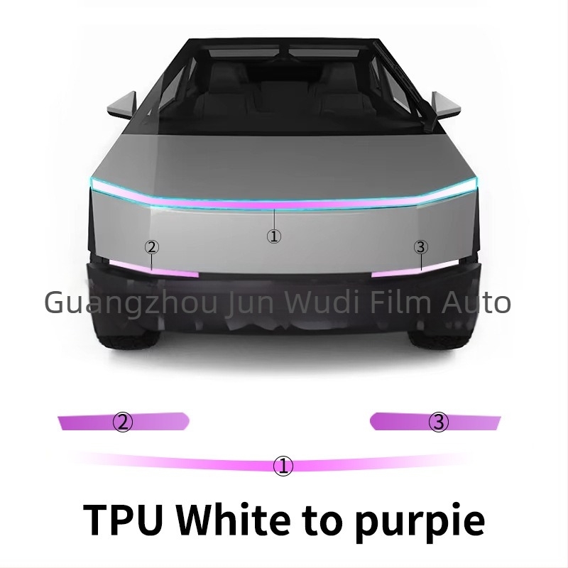 Film TPU pentru faruri cu control prin lumină, schimbă culoarea de la alb la mov, pentru Tesla Cybertruck