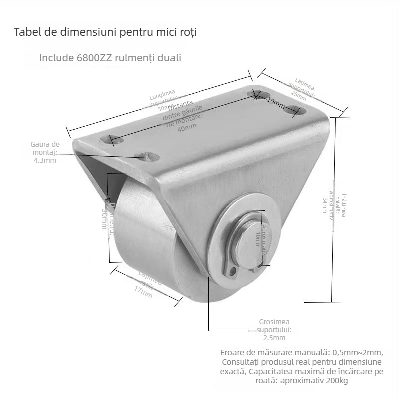 Roată cu rulment din oțel inoxidabil 304 – rolă fixă pentru aplicații grele, ridicare ușilor și ferestrelor