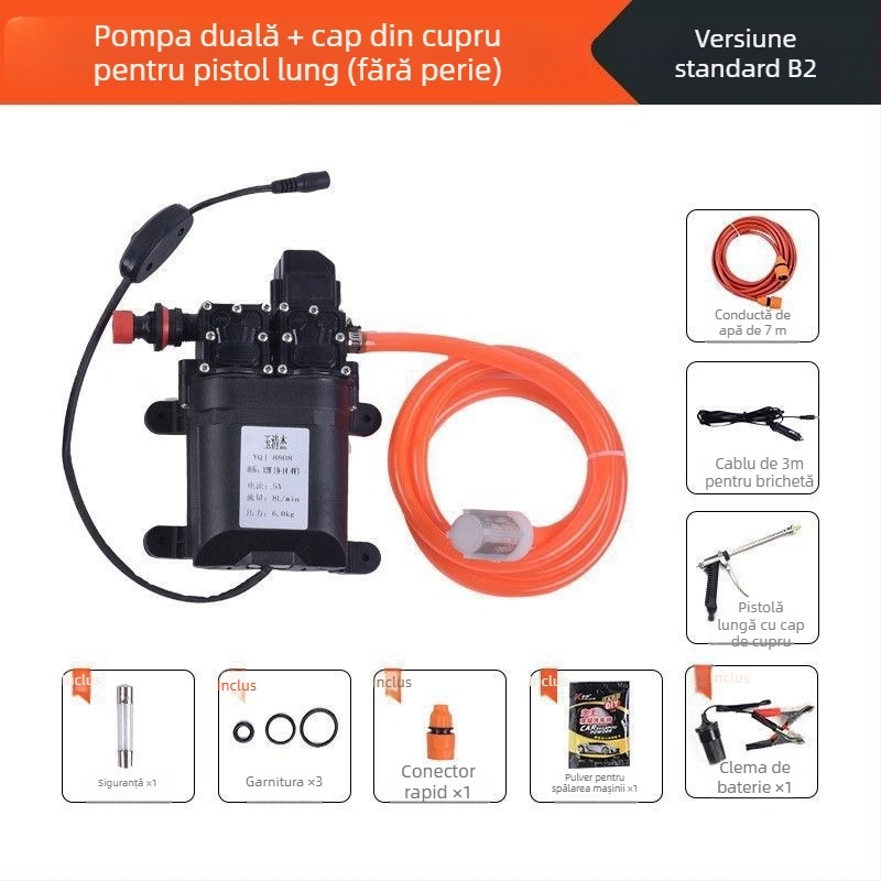 Mașină de spălat auto cu presiune înaltă, portabilă, cu pompă dublă (60W, cupru pur, alimentare din brichetă auto, furtun <10 m, puterea de intrare a pompe ≤10 kW)