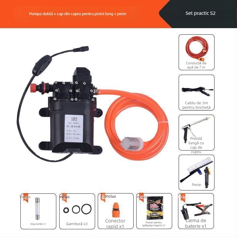 Mașină de spălat auto cu presiune înaltă, portabilă, cu pompă dublă (60W, cupru pur, alimentare din brichetă auto, furtun <10 m, puterea de intrare a pompe ≤10 kW)