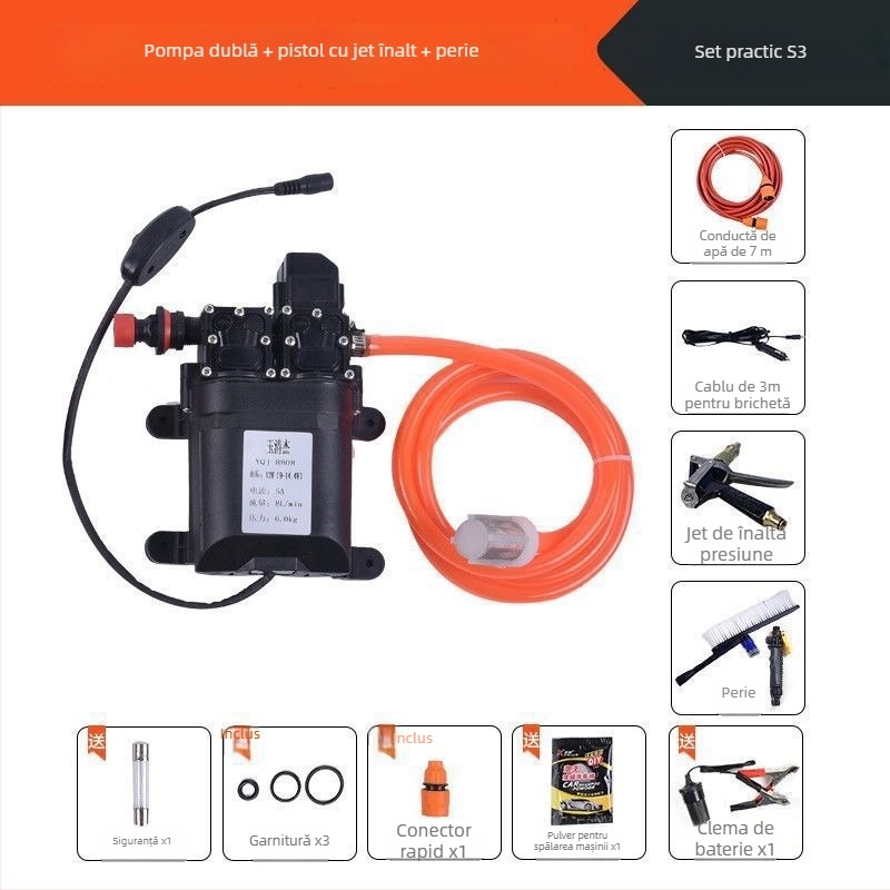 Mașină de spălat auto cu presiune înaltă, portabilă, cu pompă dublă (60W, cupru pur, alimentare din brichetă auto, furtun <10 m, puterea de intrare a pompe ≤10 kW)