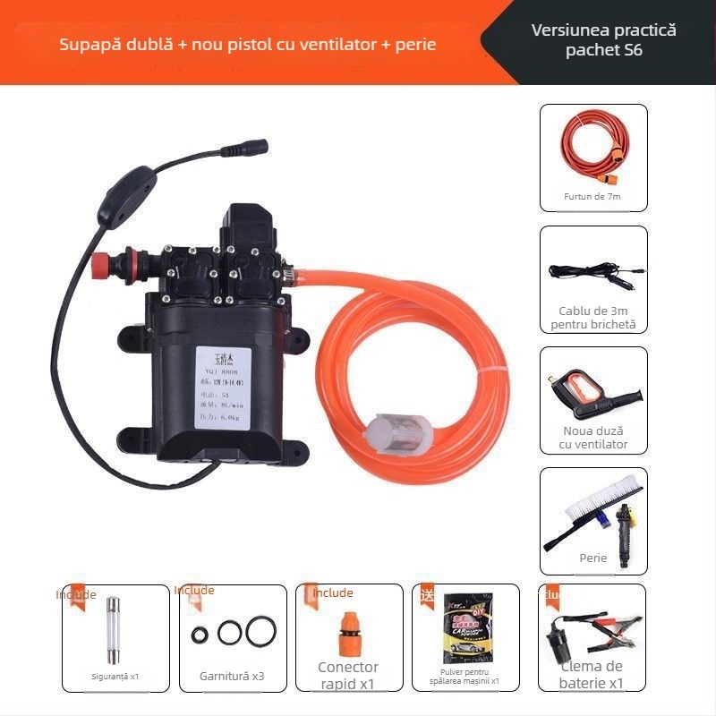 Mașină de spălat auto cu presiune înaltă, portabilă, cu pompă dublă (60W, cupru pur, alimentare din brichetă auto, furtun <10 m, puterea de intrare a pompe ≤10 kW)