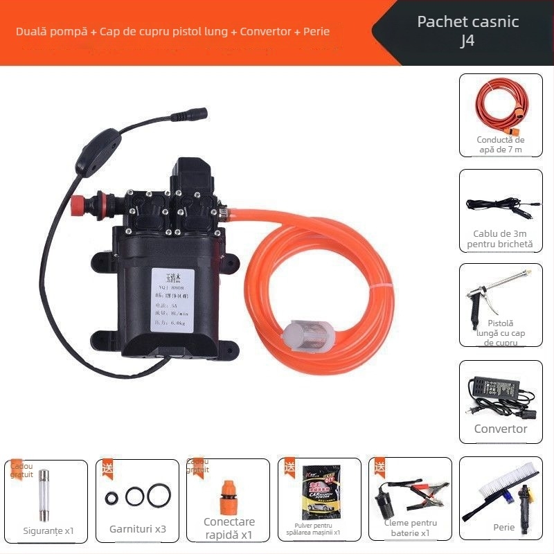 Mașină de spălat auto cu presiune înaltă, portabilă, cu pompă dublă (60W, cupru pur, alimentare din brichetă auto, furtun <10 m, puterea de intrare a pompe ≤10 kW)