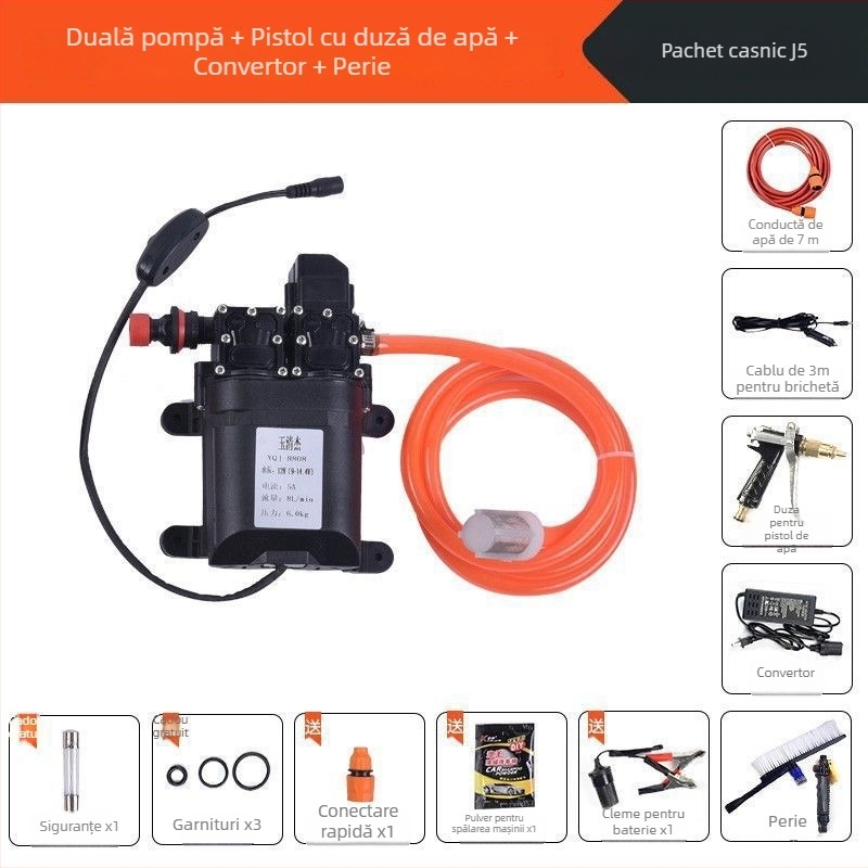 Mașină de spălat auto cu presiune înaltă, portabilă, cu pompă dublă (60W, cupru pur, alimentare din brichetă auto, furtun <10 m, puterea de intrare a pompe ≤10 kW)