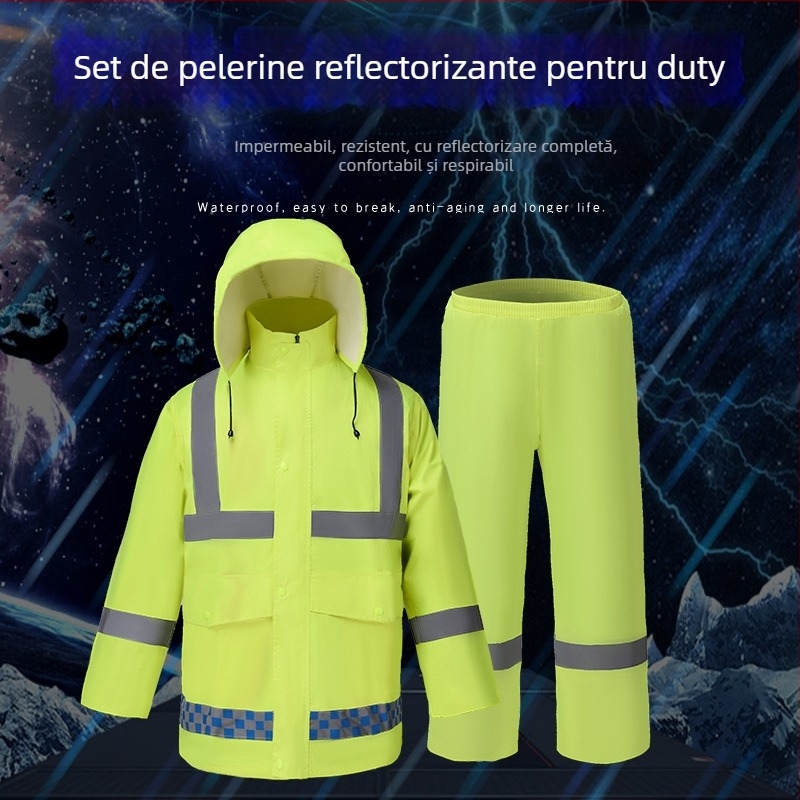 Set ploaie pentru adulți din două părți: impermeabil cu pantaloni, cu benzi reflectorizante, pentru motocicletă și vehicul electric; țesătură jacquard groasă, strat PVC impermeabil, pentru 1 persoană, logo imprimat