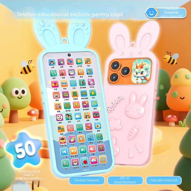 Mașină de povești pentru educație timpurie - Telefon jucărie electric, design inspirat de măr desenat, dezvoltă emoțiile, vederea și inteligența; funcționează cu baterii, pentru vârsta 7-14