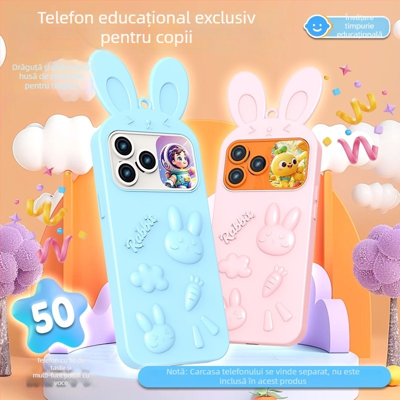 Mașină de povești pentru educație timpurie - Telefon jucărie electric, design inspirat de măr desenat, dezvoltă emoțiile, vederea și inteligența; funcționează cu baterii, pentru vârsta 7-14