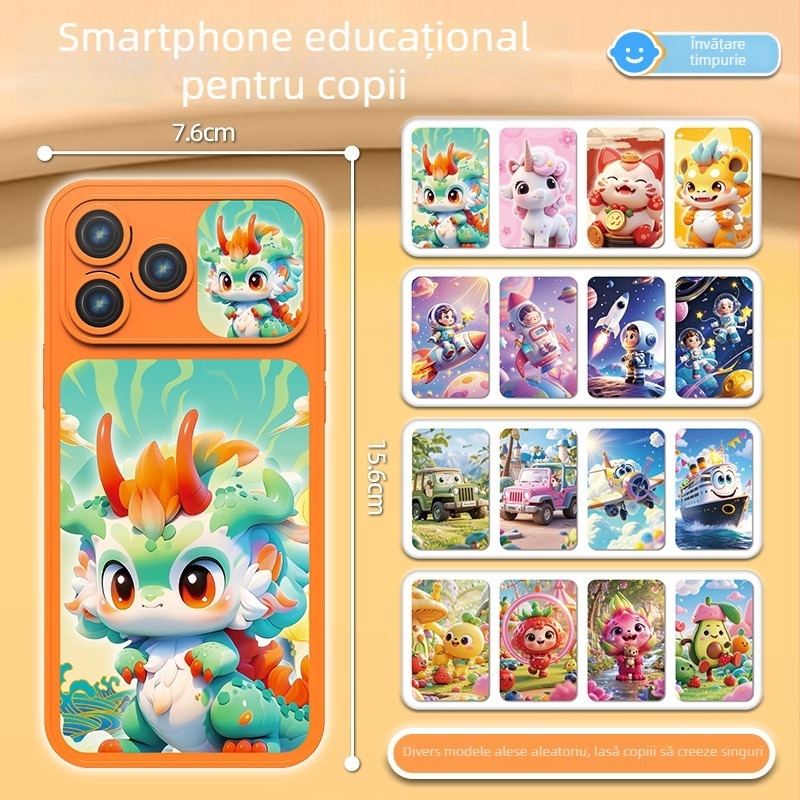 Mașină de povești pentru educație timpurie - Telefon jucărie electric, design inspirat de măr desenat, dezvoltă emoțiile, vederea și inteligența; funcționează cu baterii, pentru vârsta 7-14