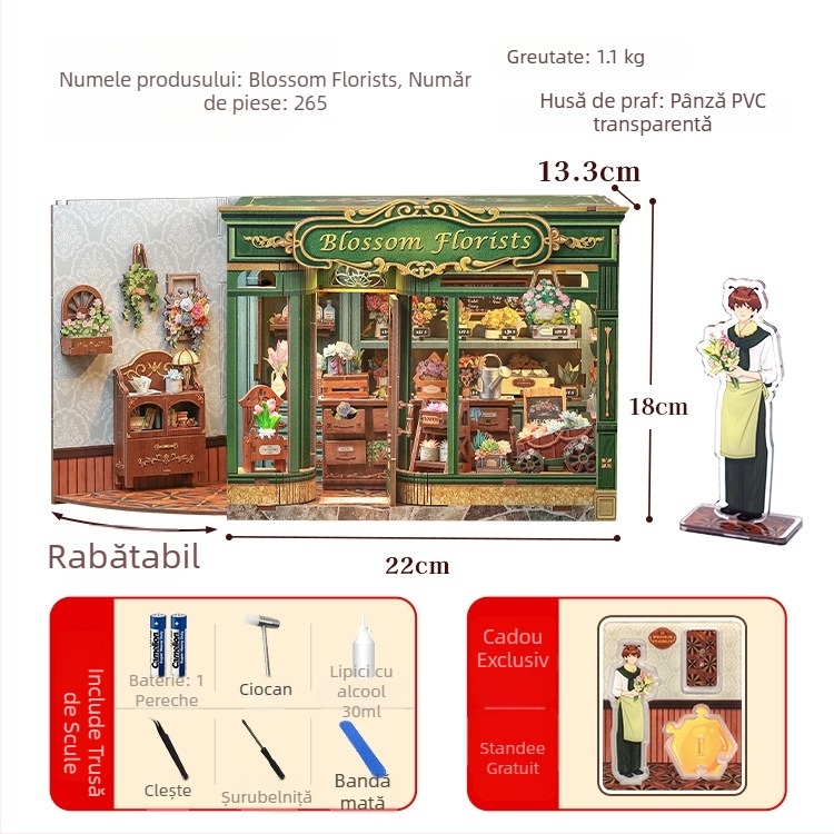 Puzzle 3D din lemn: cafenea de colț și brutărie, căsuță DIY, personalizare logo OEM, dificultate medie, destinat copiilor 7–14 ani, timp de asamblare 5–6 ore