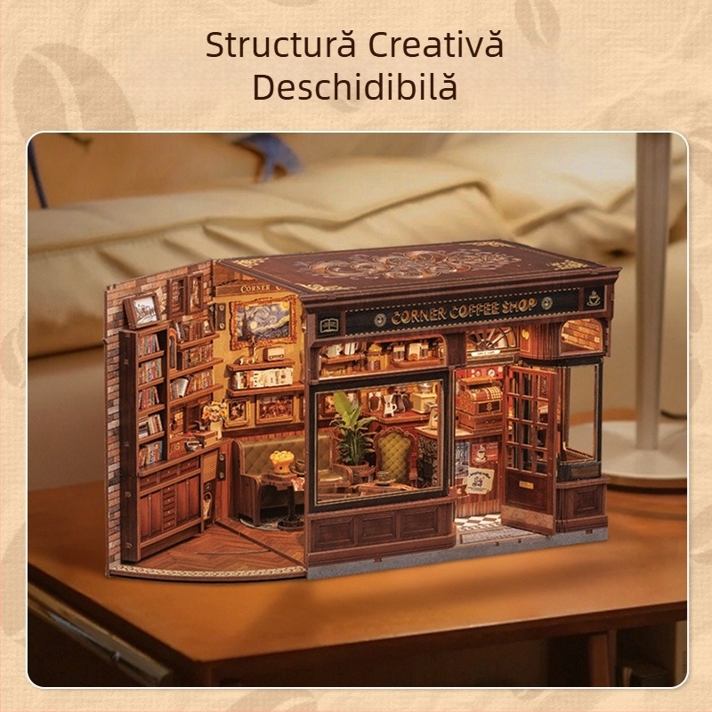 Puzzle 3D din lemn: cafenea de colț și brutărie, căsuță DIY, personalizare logo OEM, dificultate medie, destinat copiilor 7–14 ani, timp de asamblare 5–6 ore