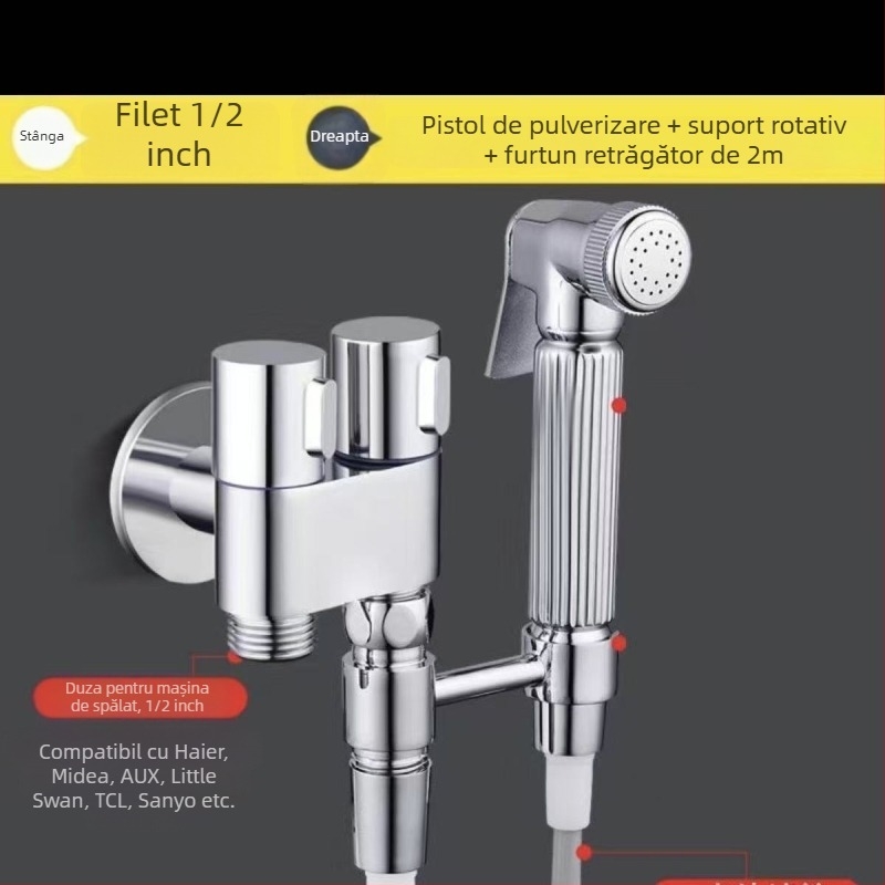 Valvă spray pentru toaletă din cupru, 1 intrare-2 ieșiri, jet de apă la presiune înaltă, robinet unghiular, Super Clean