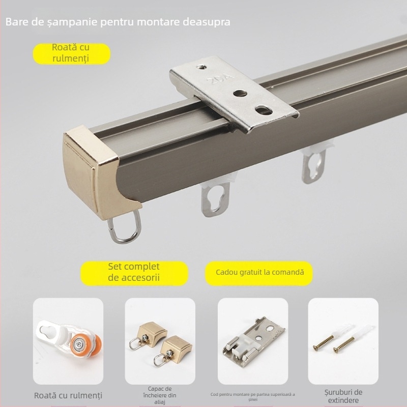 Sistem de șină pentru perdele, aliaj de aluminiu, model C830, finisaj electroforetic, stil modern minimalist, prelucrare personalizabilă