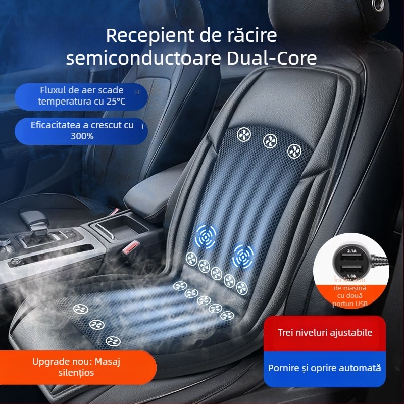 Perneuă de scaun pentru camion cu ventilație, răcire cu semiconductori și masaj lombar; umplutură din fibre naturale; husă din piele Ice Silk pentru vară