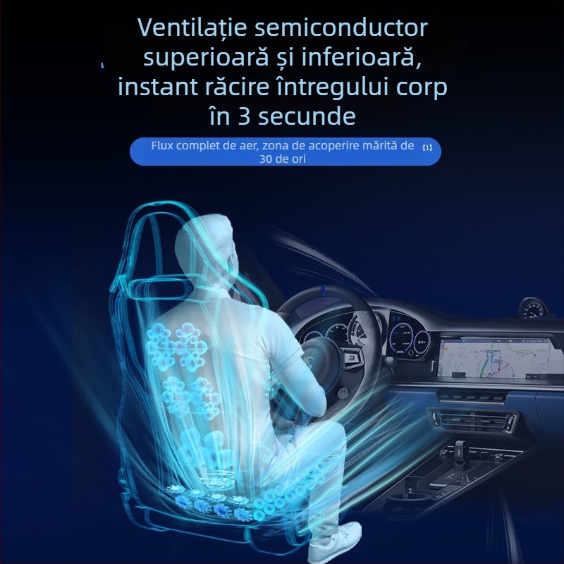 Perneuă de scaun pentru camion cu ventilație, răcire cu semiconductori și masaj lombar; umplutură din fibre naturale; husă din piele Ice Silk pentru vară