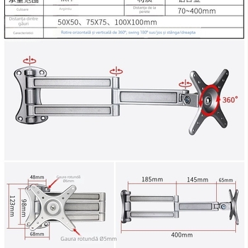 Suport universal pentru televizor din aliaj de aluminiu, reglaj în unghi și braț telescopic