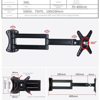 Suport universal pentru televizor din aliaj de aluminiu, reglaj în unghi și braț telescopic