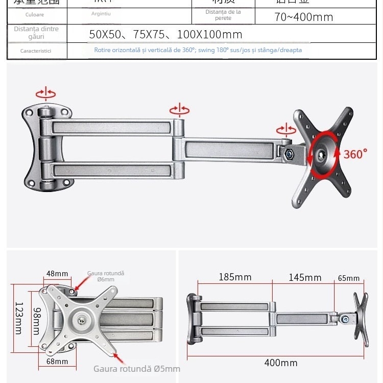 Suport universal pentru televizor din aliaj de aluminiu, reglaj în unghi și braț telescopic