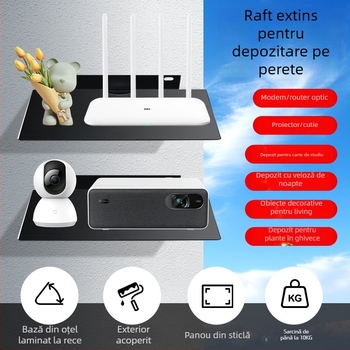 Raft montat pe perete pentru set-top box, router și proiector — oțel + sticlă, 1 etaj, stil simplu modern, montaj cu șuruburi încastrate