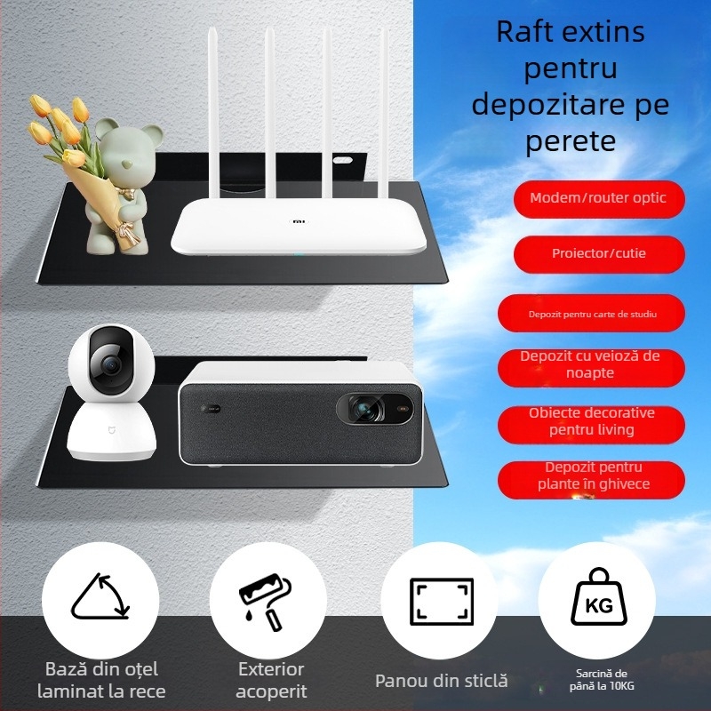 Raft montat pe perete pentru set-top box, router și proiector — oțel + sticlă, 1 etaj, stil simplu modern, montaj cu șuruburi încastrate