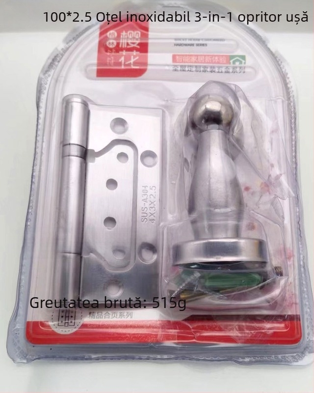 Zanr cu rulment pentru uși și opritor de ușă trei în unu, din oțel mangan, finisaj electroplacat inox, Cherry blossom.