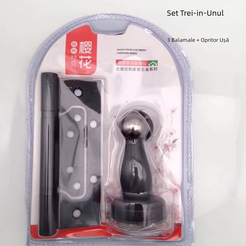 Zanr cu rulment pentru uși și opritor de ușă trei în unu, din oțel mangan, finisaj electroplacat inox, Cherry blossom.