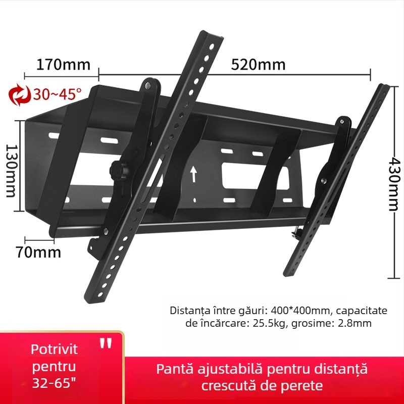 Suport de perete pentru TV cu înclinare de 45°, model t400, din oțel laminat la rece, greutate 6 kg