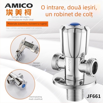 Supapă unghiulară Amico din alamă, 1 intrare, 2 ieșiri, acționare manuală, tip unghiular, model JF661
