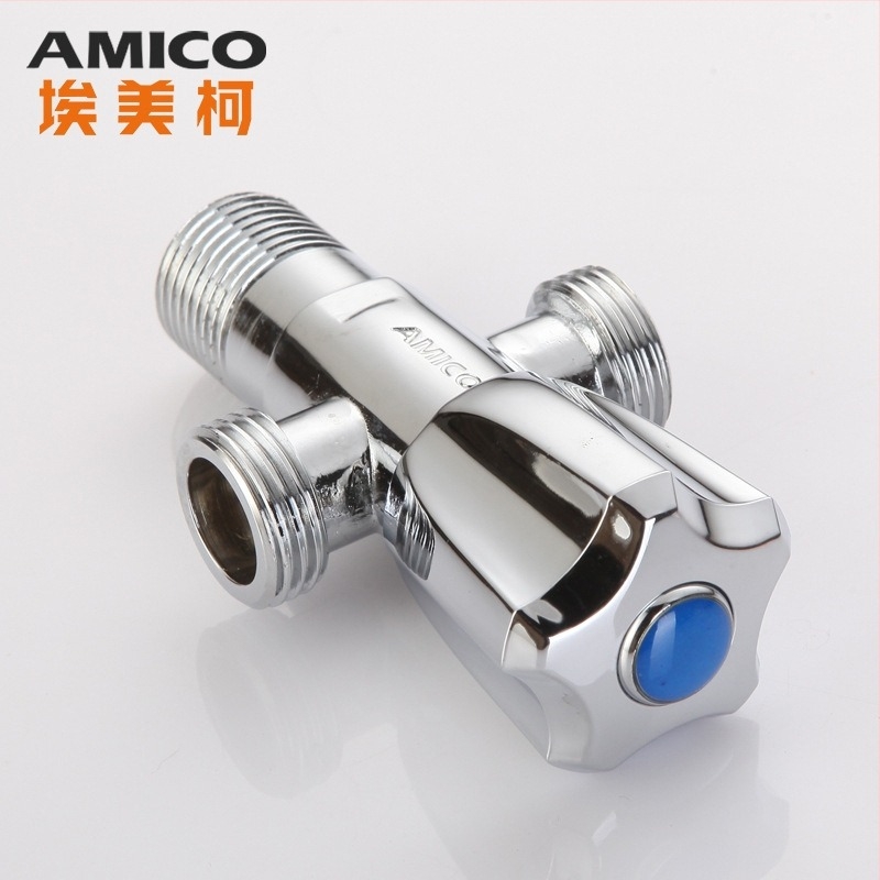 Supapă unghiulară Amico din alamă, 1 intrare, 2 ieșiri, acționare manuală, tip unghiular, model JF661