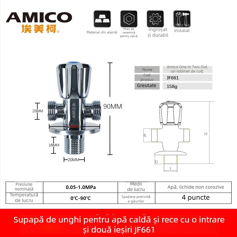 Supapă unghiulară Amico din alamă, 1 intrare, 2 ieșiri, acționare manuală, tip unghiular, model JF661