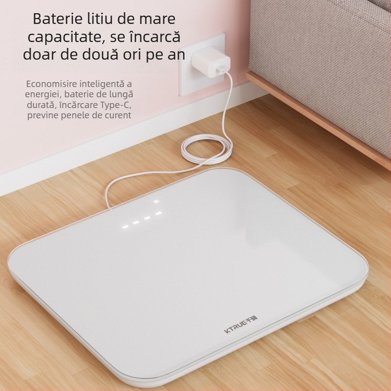 Cantar digital pentru corp Thousand Sure S450, interval 0,5–180 kg, sticlă temperată, afișaj LCD, baterie reîncărcabilă