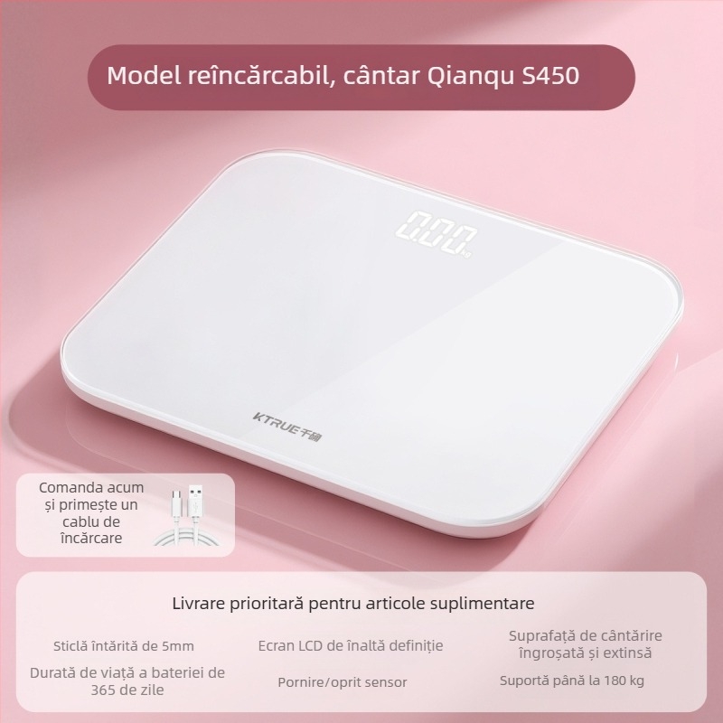 Cantar digital pentru corp Thousand Sure S450, interval 0,5–180 kg, sticlă temperată, afișaj LCD, baterie reîncărcabilă