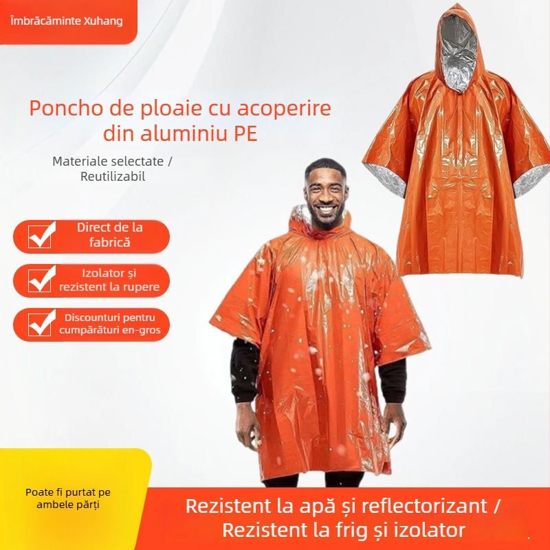 Poncho din folie de aluminiu pentru camping în aer liber — impermeabil, țesătură 0.02–0.024 mm, pentru un adult