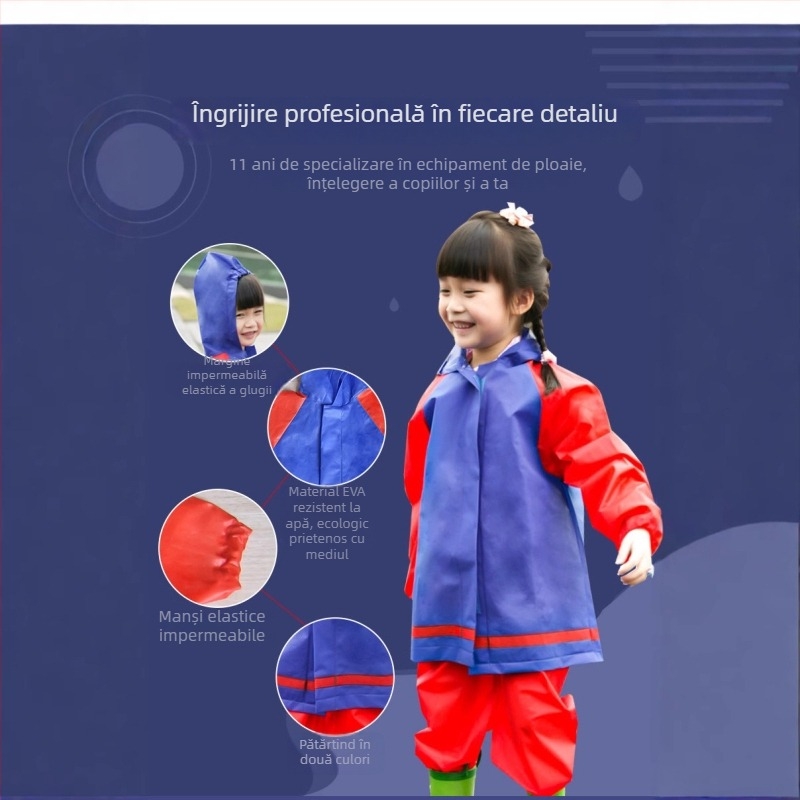 Poncho pentru copii din EVA cu design împărțit, manșete Velcro, țesătură 0,15 mm, strat impermeabil EVA