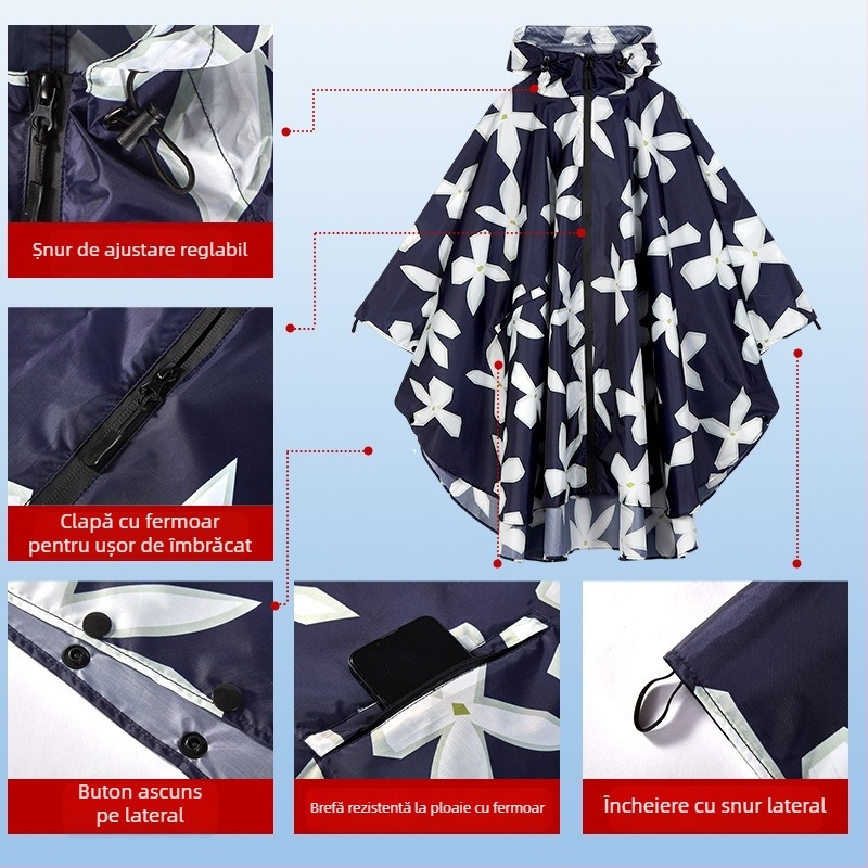 Poncă de ploaie, stil mantie pentru adulți, poncho pentru bicicletă, poliester tafta, strat impermeabil PU