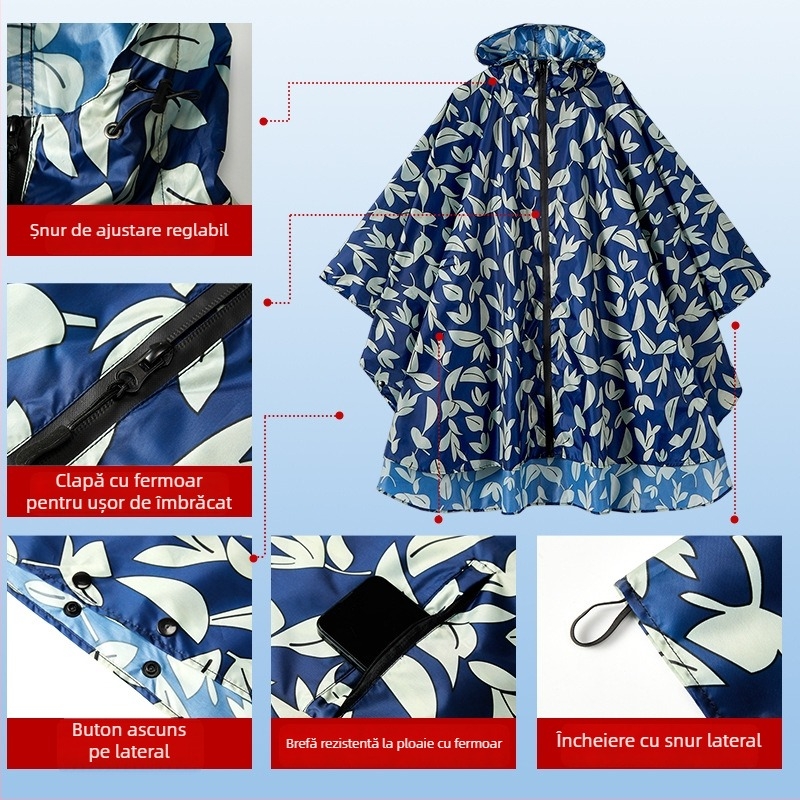 Poncă de ploaie, stil mantie pentru adulți, poncho pentru bicicletă, poliester tafta, strat impermeabil PU