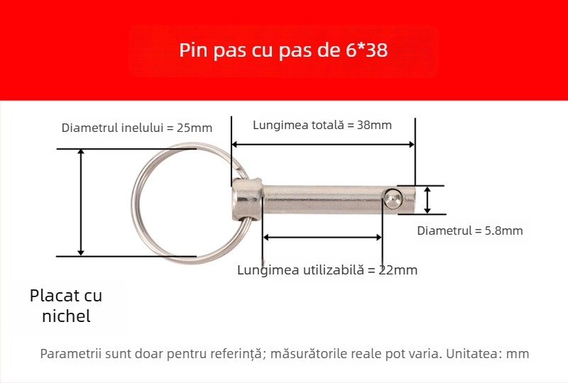 Pin de eliberare rapidă cu inel, oțel carbon A3, poziționare mecanică, DIN 6885-B, diverse specificații