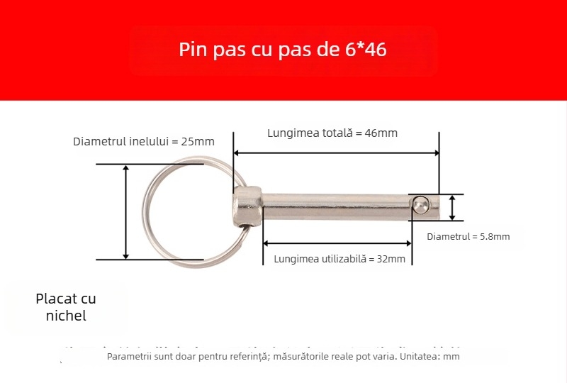 Pin de eliberare rapidă cu inel, oțel carbon A3, poziționare mecanică, DIN 6885-B, diverse specificații