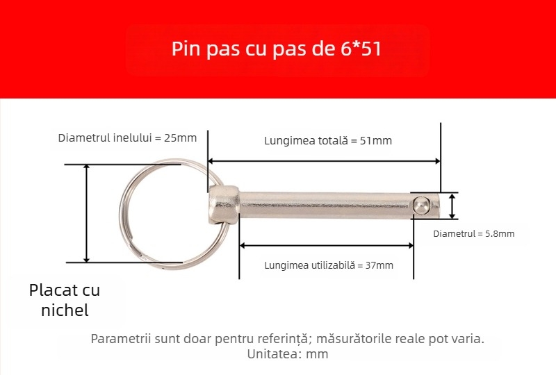 Pin de eliberare rapidă cu inel, oțel carbon A3, poziționare mecanică, DIN 6885-B, diverse specificații