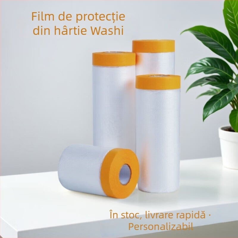 Folie de protecție pentru vopsire, cu bază de hârtie pentru mascare și protecție împotriva prafului (Grosime: 0,6–0,7 mm; Material: PE + hârtie japoneză; Sistem adeziv: pe bază de hârtie; Aplicații: autoturisme, nave, trenuri, cabine, mobilier)