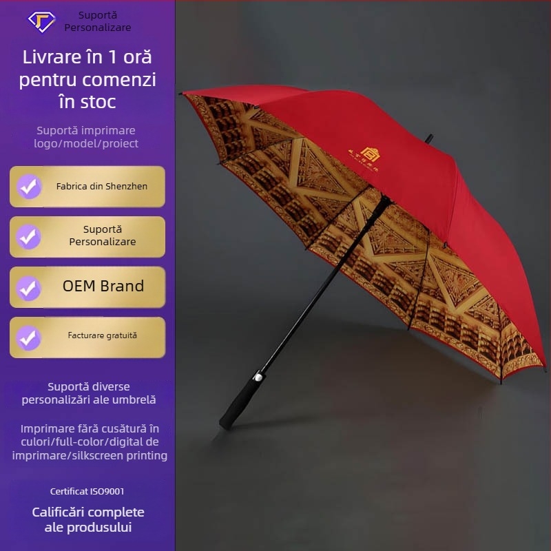 Umbrelă cu mâner lung, strat dublu, logo personalizat, țesătură 190T Impact, 8 nervuri din fibră, deschidere automată, mâner EVA
