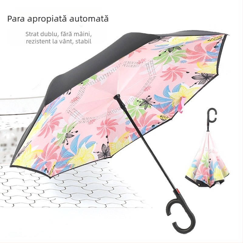 Umbrelă reversibilă cu două straturi, design tip C pentru mâini libere, 8 nervuri, deschidere și închidere manuale, nervuri din fibră și tijă din fibră