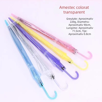 Umbrelă cu mâner lung, nervuri și tijă din fier, cupolă din plastic, deschidere manuală, închidere semi-automată, posibilitate de personalizare logo