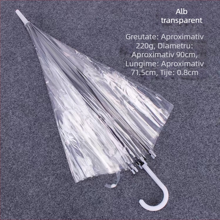 Umbrelă cu mâner lung, nervuri și tijă din fier, cupolă din plastic, deschidere manuală, închidere semi-automată, posibilitate de personalizare logo