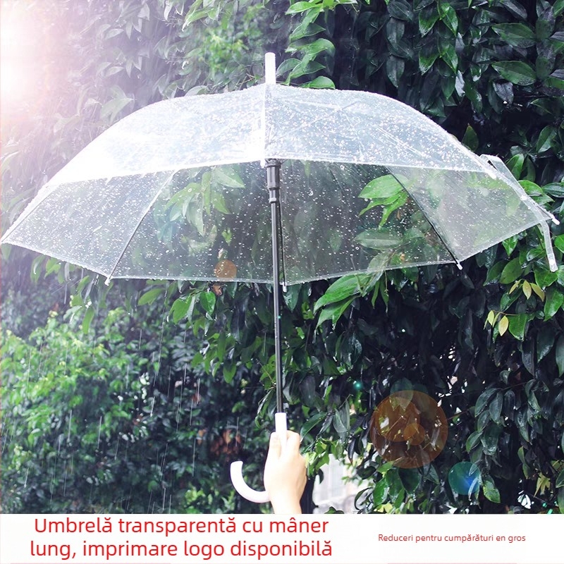 Umbrelă cu mâner lung, nervuri și tijă din fier, cupolă din plastic, deschidere manuală, închidere semi-automată, posibilitate de personalizare logo