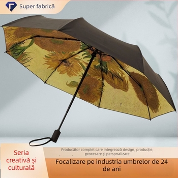 Umbrelă de publicitate cu motiv floarea soarelui, stil chinezesc, deschidere/închidere manuală, cadru din aliaj cu 8 brațe, țesătură 190T, mâner din plastic, personalizare logo