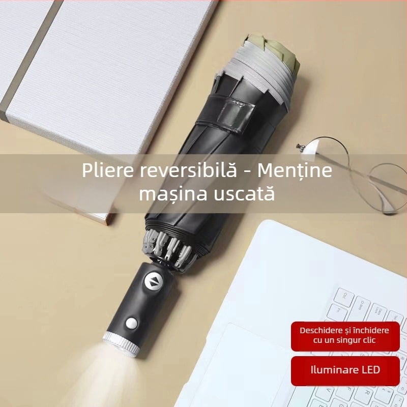Umbrelă LED automată, inversă, tri-fold, cu 10 brațe din aluminiu, umbrelă publicitară