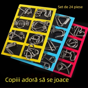 Puzzle metalic cu nouă verigi — set de 8 bucăți, joc educațional pentru dezvoltarea inteligenței, destinat persoanelor între 15–35 de ani